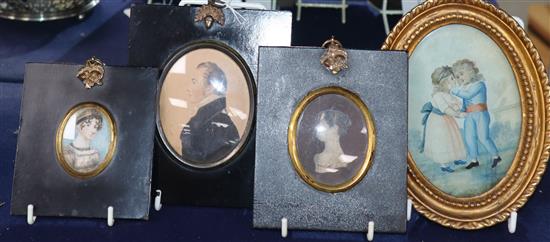 A 19th century miniature profile portrait of a gentleman, two portraits of ladies and a watercolour study of two children